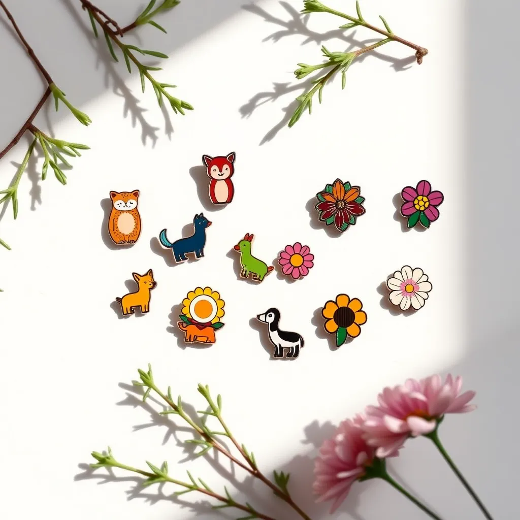 Découvrez notre sélection de pin's les plus recherchés, présentés dans un flat lay coloré sur fond blanc, mettant en avant des designs populaires comme des animaux et des fleurs, pour inspirer vos choix.